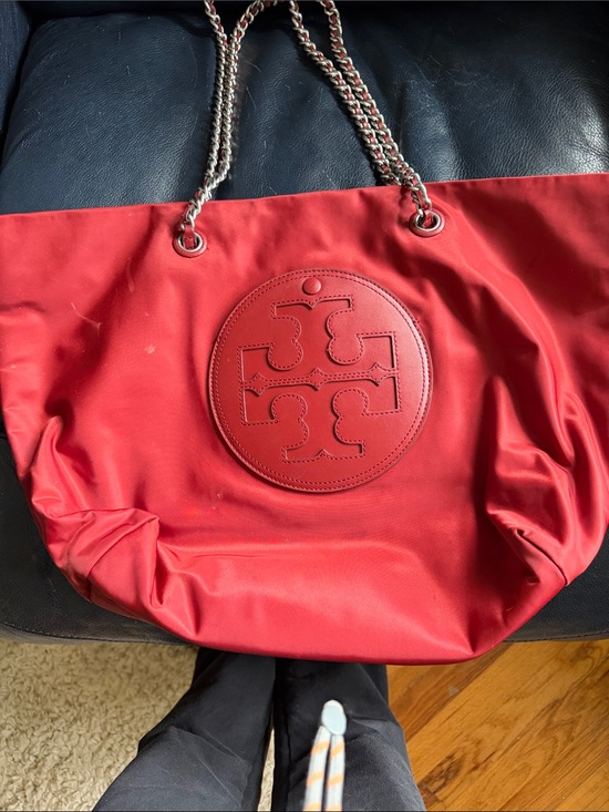 Tory Burch Handbags - Tory Burch Red Quilted Logo Nylon Tote with Chain Straps